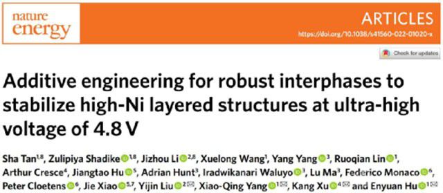 4.8V高镍-200圈-97%保持率，许康&杨晓青等Nature Energy提出电解液中催化作用