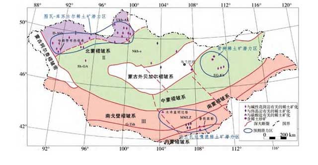 蒙古国稀土矿床（点）分布及成矿带划分图