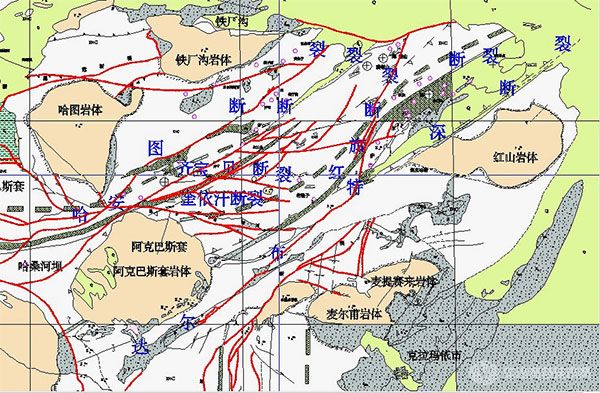 哈图金矿区主干断裂分布图