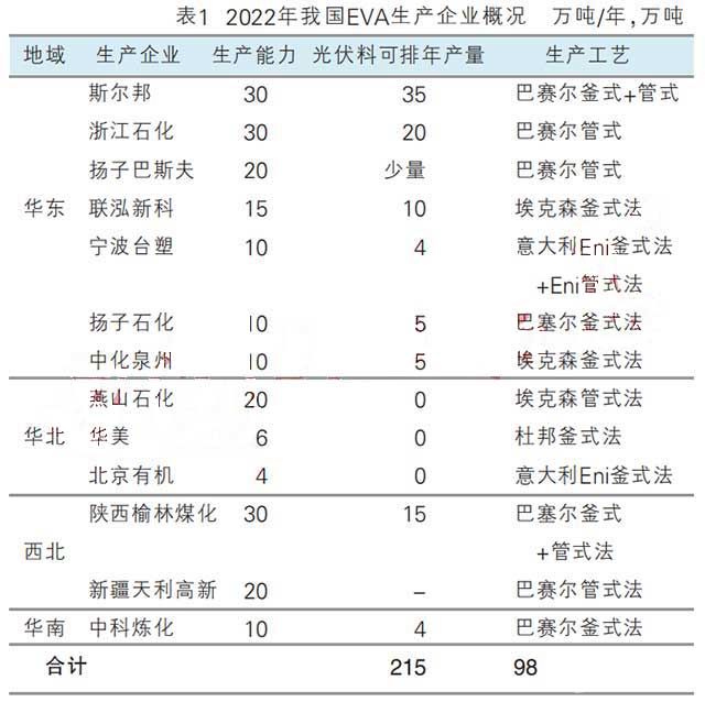 2022年我国EVA生产企业概况