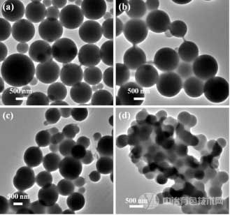 不容溶液组成条件下合成的铝基乙醇盐胶体球的透射电镜图：