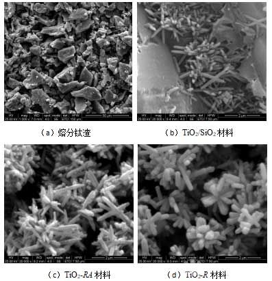 原料钛渣及钛渣经盐酸加压-碱浸脱硅后所得TiO2材料SEM照片