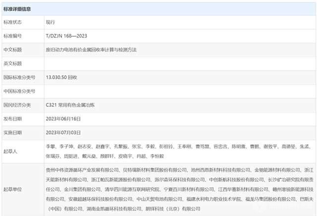 《废旧动力电池有价金属回收率计算与检测方法》标准将于2023年7月3日正式实施