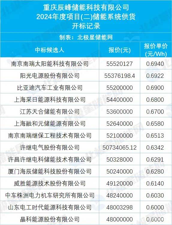 重庆辰峰储能2024年度项目（二）储能系统供货开标记录