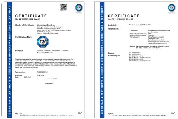 极电光能1.2m×0.6m钙钛矿组件IEC认证证书