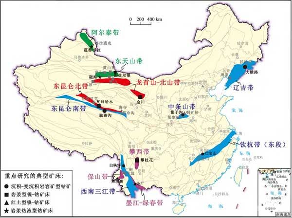 中国钴-镍矿床地质分布规律略图
