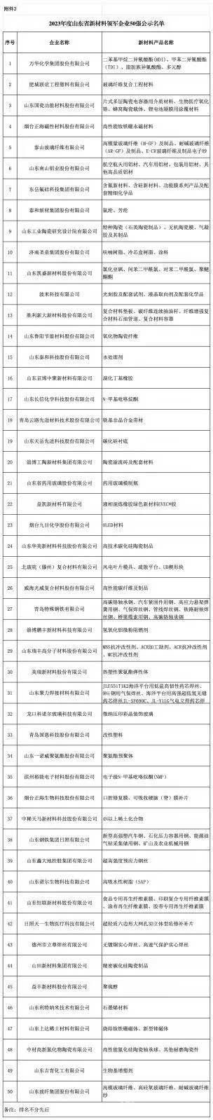2023年山东省新材料领军企业50强公示名单