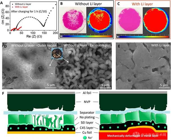 有锂金属层和无锂金属层的 NVP // C45 无阳极全电池上的电阻和界面压力分布评估
