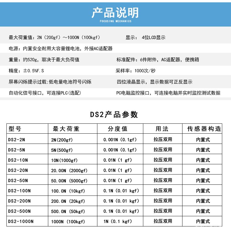 DS2 系列内置式数显推拉力计0-1000N