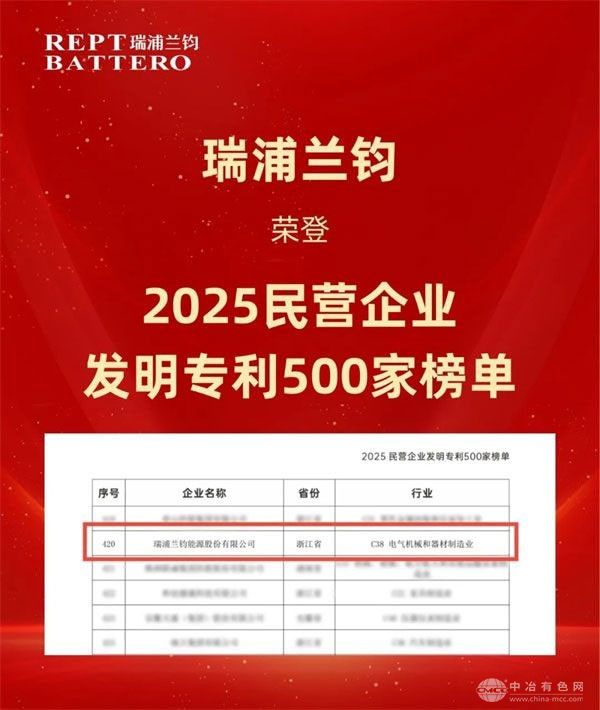 创新实力再获认可！瑞浦兰钧荣登“2025民营企业发明专利500家”榜单